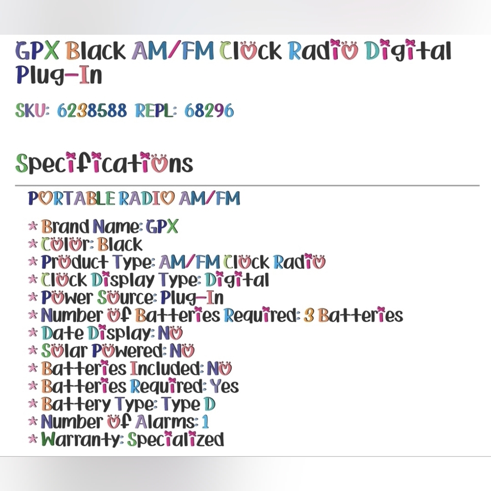 GPX R633B Black AM/FM Clock Radio Digital Plug-In - Picture 13 of 13